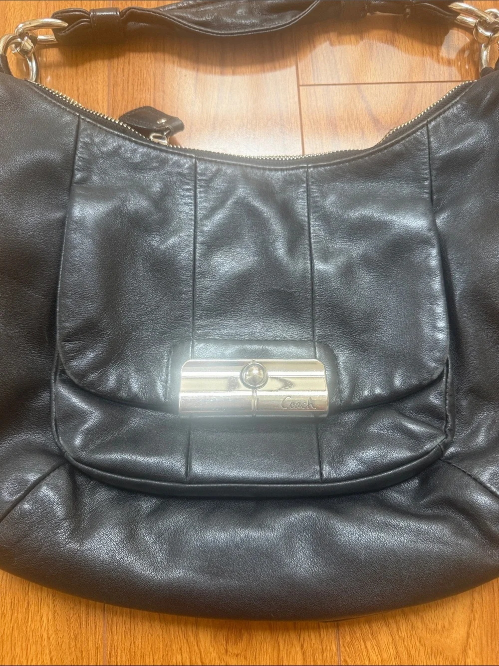 Coach Black Leather Hobo with Silver-Tone Accent